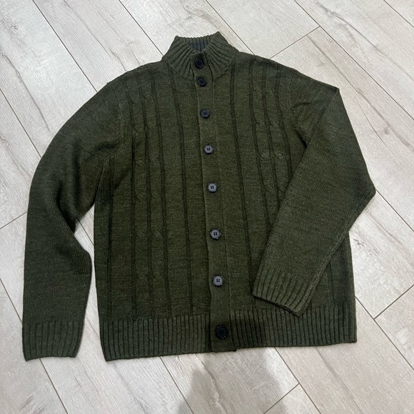 Oscar de la Renta Men's Dark Olive Cable-Knit Button Cardigan